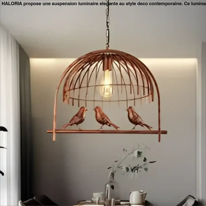 Suspension luminaire cuivre style cage avec trois perchoirs en bois et oiseaux volières anciennes cage à oiseaux