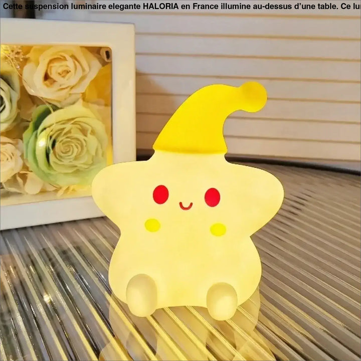 Veilleuse étoile jaune douce en forme d étoile avec visage souriant et chapeau assorti c’est offrir une lumière douce