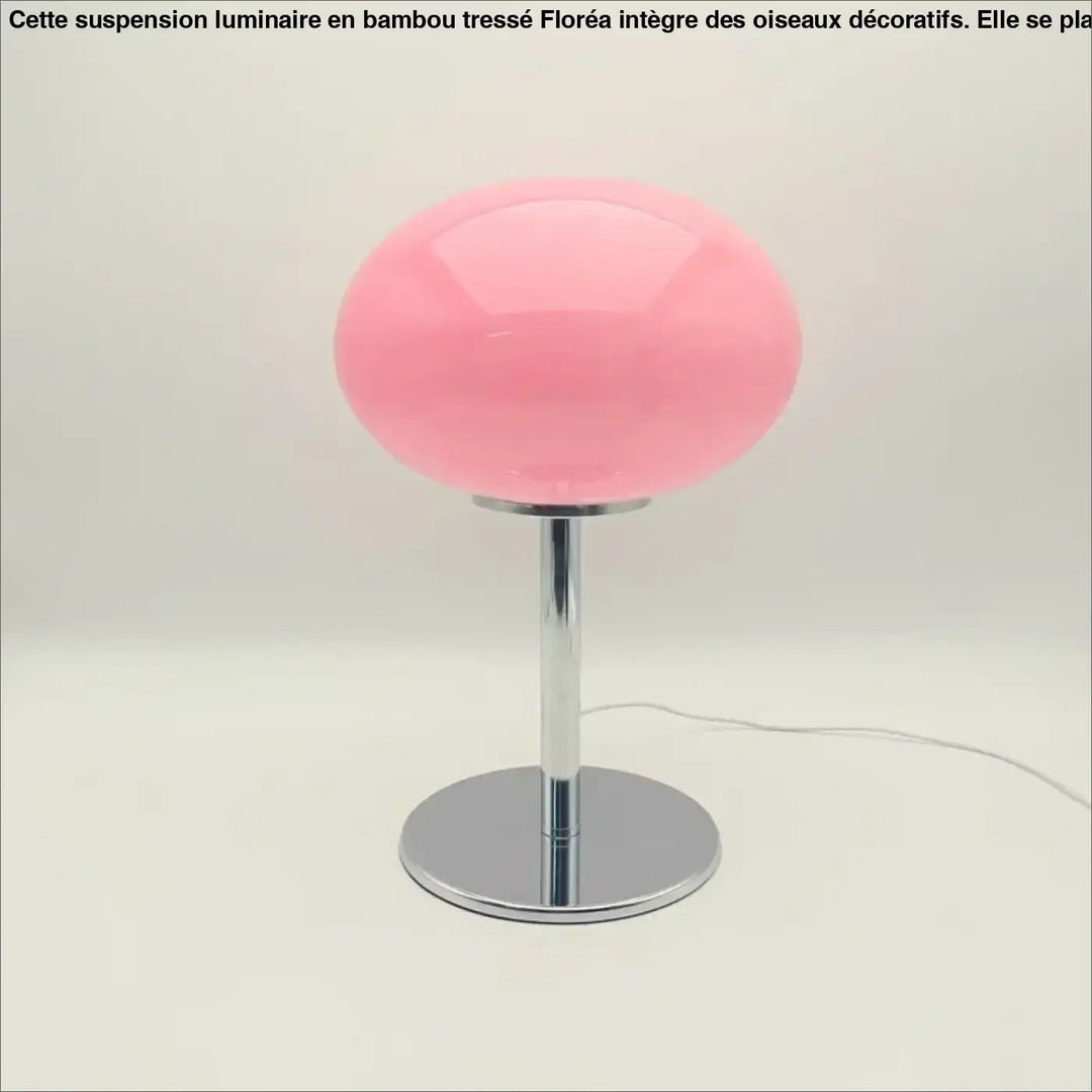 Lampe de chevet bonia avec lumière douce, sphère en verre rose glossy et base chrome pour décoration intérieure minimaliste