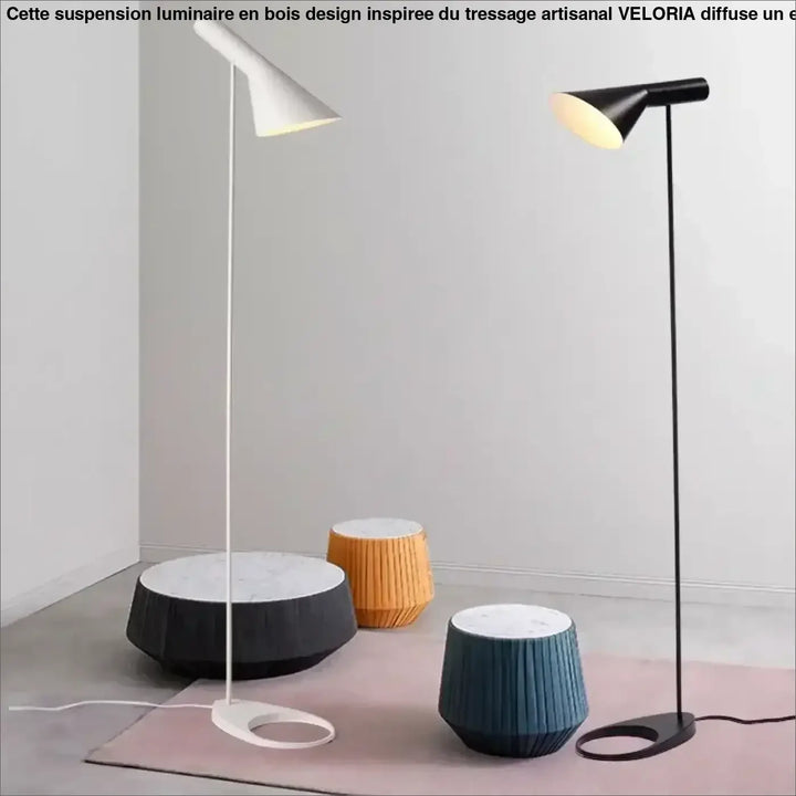 Lampadaire design minimaliste avec abat-jours coniques blanc et noir sur pieds métalliques élégants aluna
