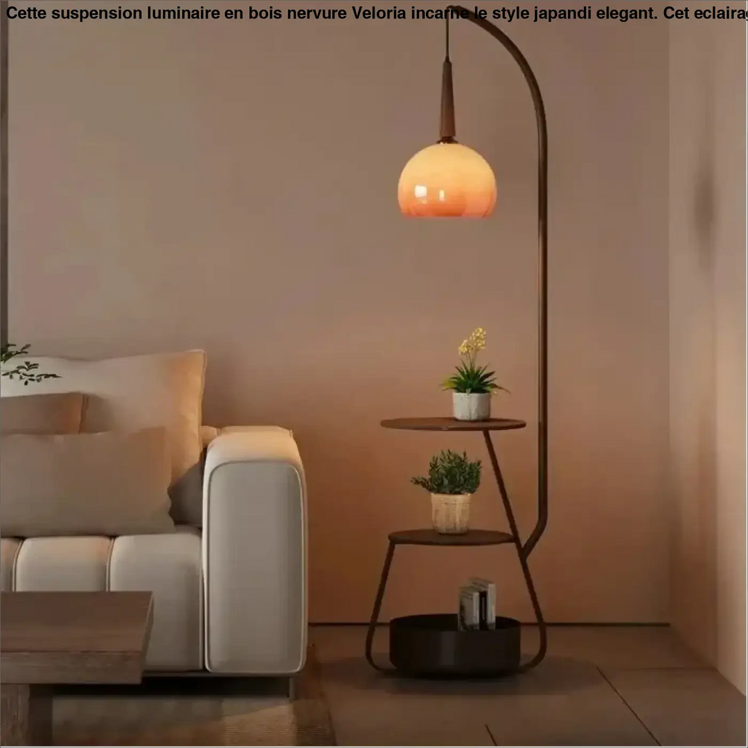 Lampadaire doria avec globe en verre orange chaud suspendu et étagères intégrées en métal incurvé