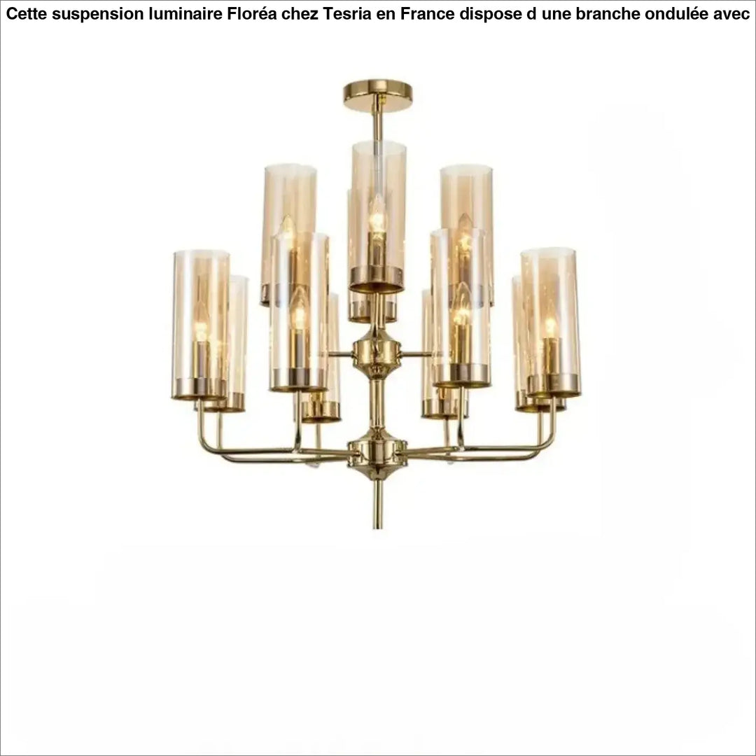 Lustre organisis chandelier élégant doré avec abat-jour en verre ambre cylindrique de design nordique
