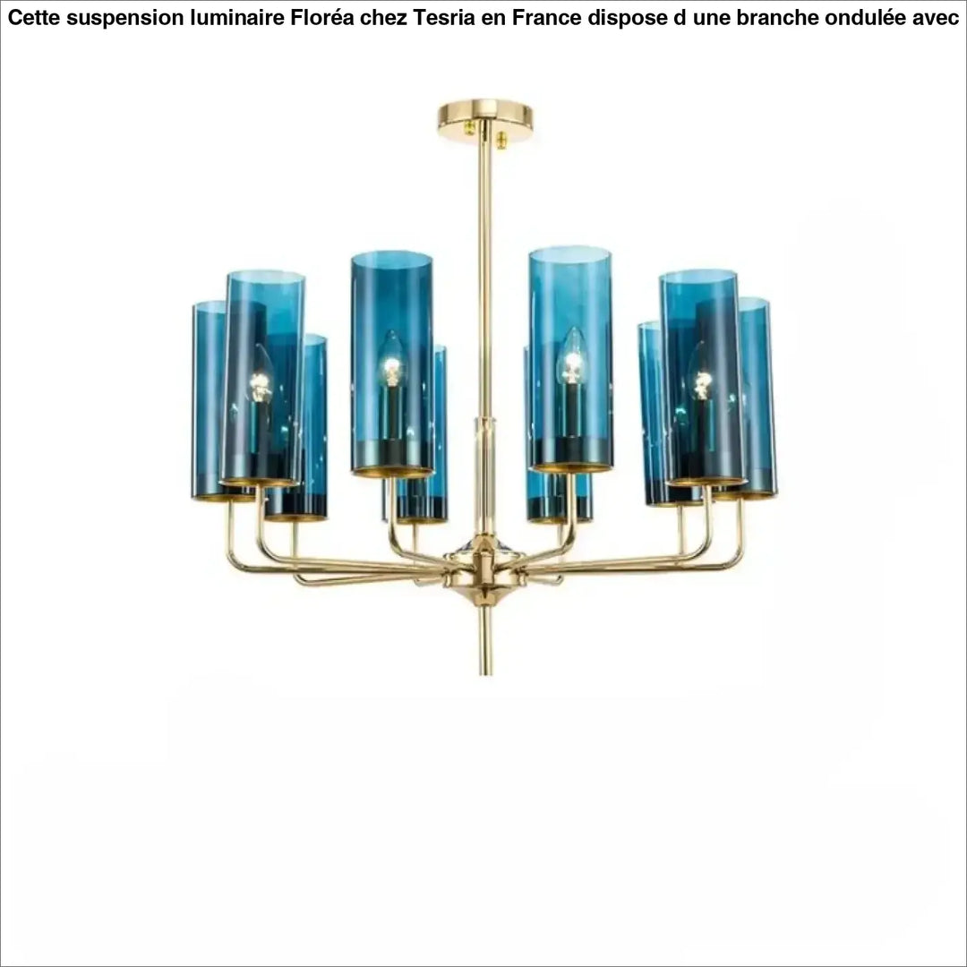 Lustre organis chandelier élégant en verre bleu avec bras finition laiton style nordic design glass et éclairage doré
