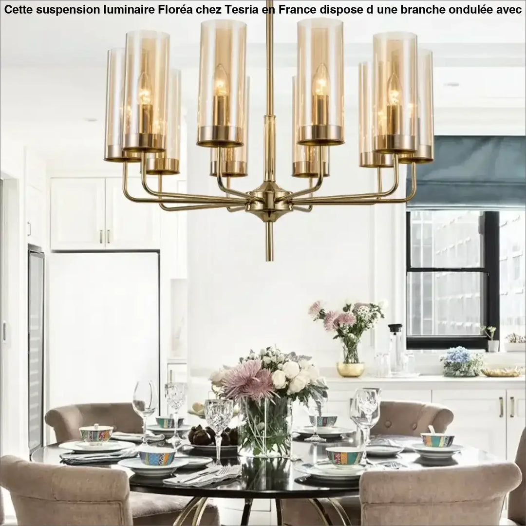 Lustre organis chandelier en laiton avec huit abat-jours cylindriques en verre ambré style nordique élégant et doré