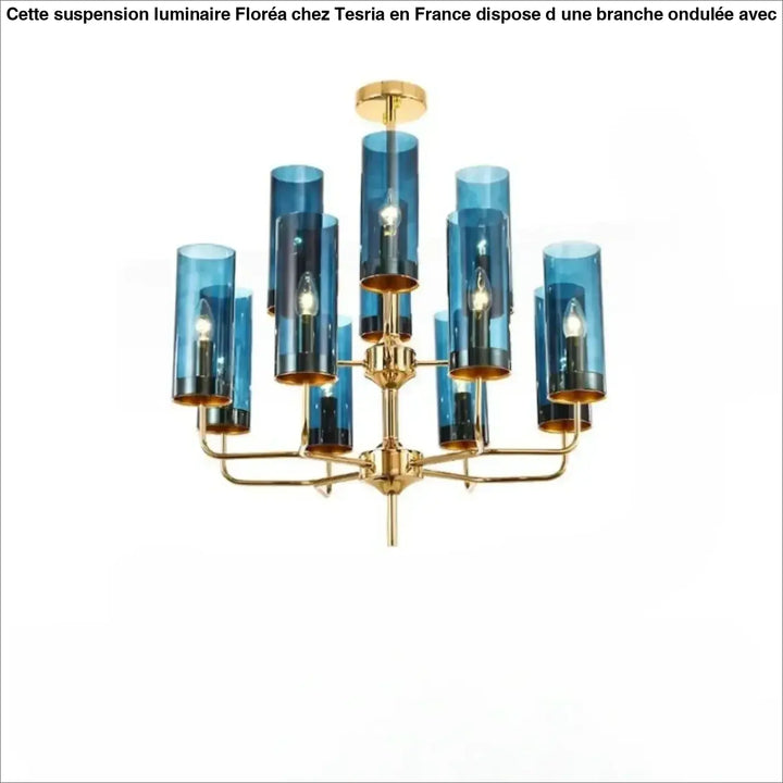 Lustre organisis élégant chandelier en verre cylindrique bleu avec cadre métallique doré design nordique