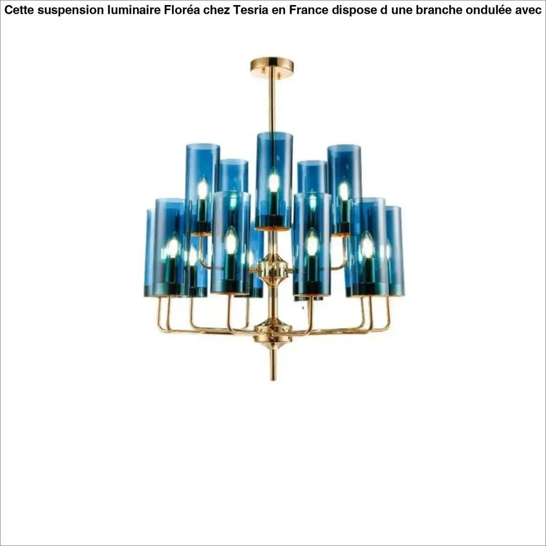 Lustre organis élégant chandelier en verre cylindrique bleu avec finition en laiton or nordic design lighting