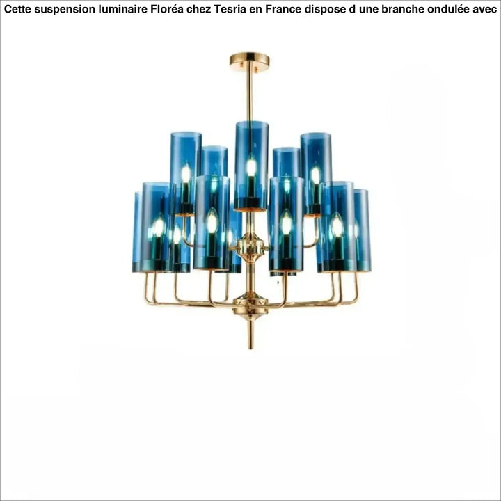 Lustre organis élégant chandelier en verre cylindrique bleu avec finition en laiton or nordic design lighting