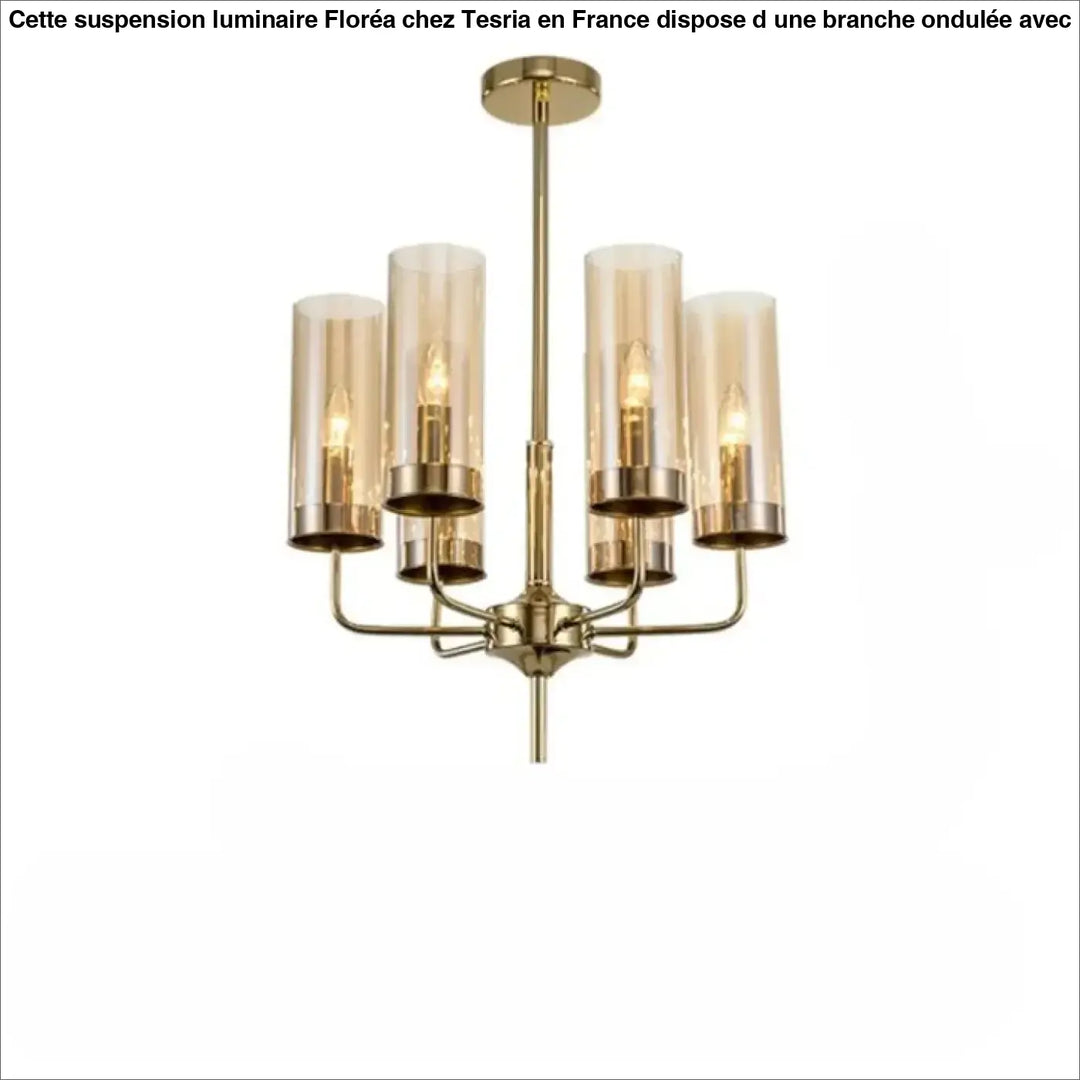 Lustre organis chandelier en laiton avec cinq abat-jours cylindriques en verre fumé design nordique élégant
