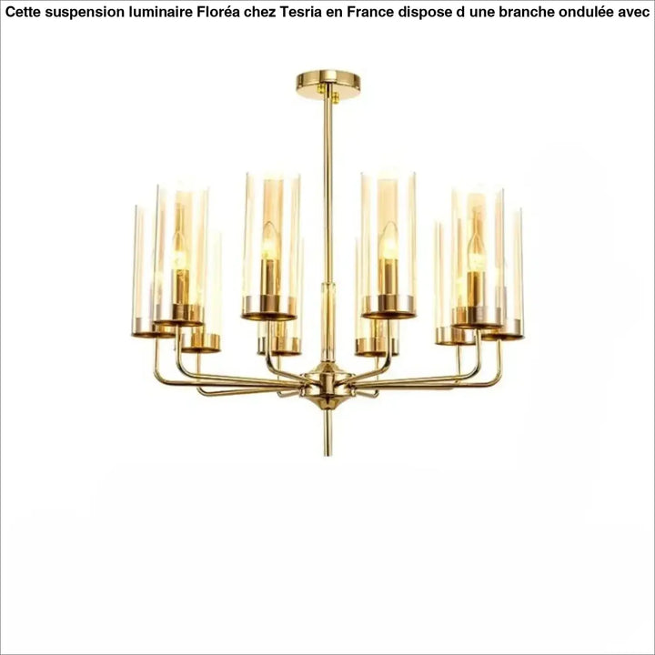 Lustre organisis est un élégant chandelier doré avec cylindres en verre nordique et accents en laiton