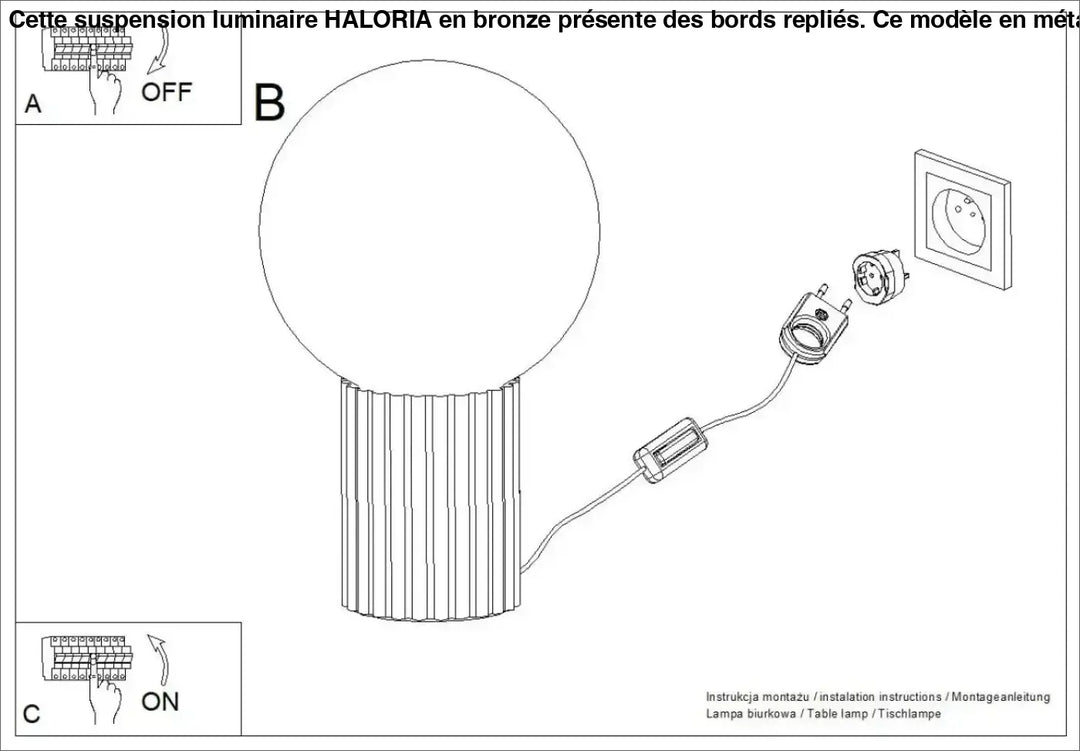 Lampe a poser halo bordeaux avec base cylindrique cannelée bordeaux et globe sphérique blanc avec cordon et interrupteur