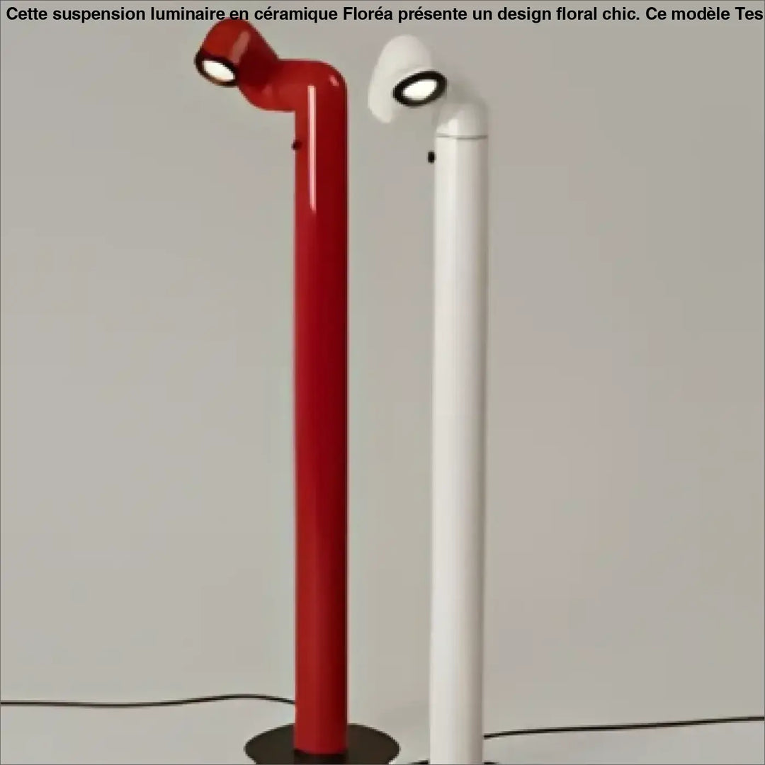 Lampadaire rétro futuriste kalia avec bras courbés et luminaires circulaires rouges et blancs design moderne
