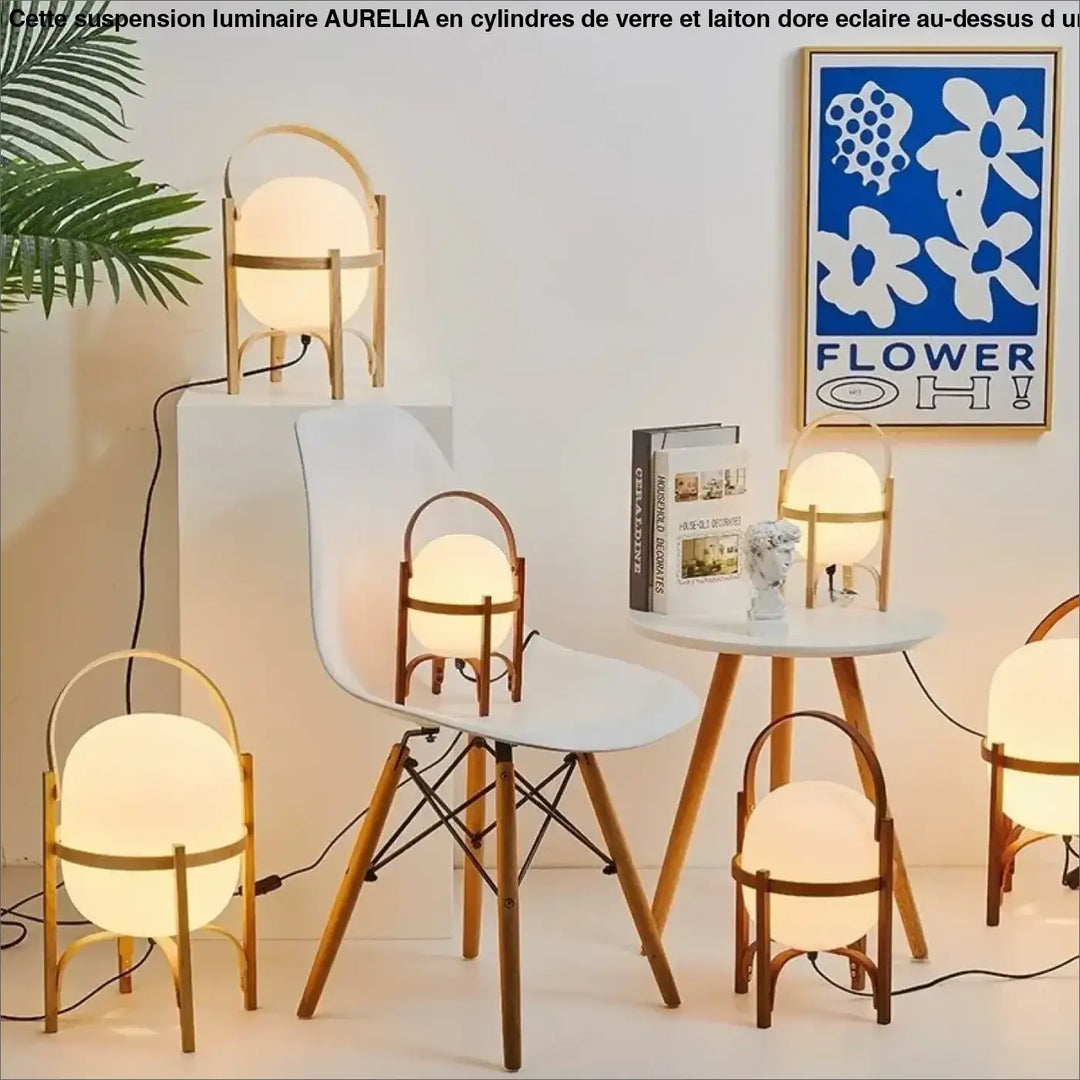 Lampadaire kalana avec lampe sphérique chaleureuse cadre bois minimaliste poignée courbée design élégant décor contemporain