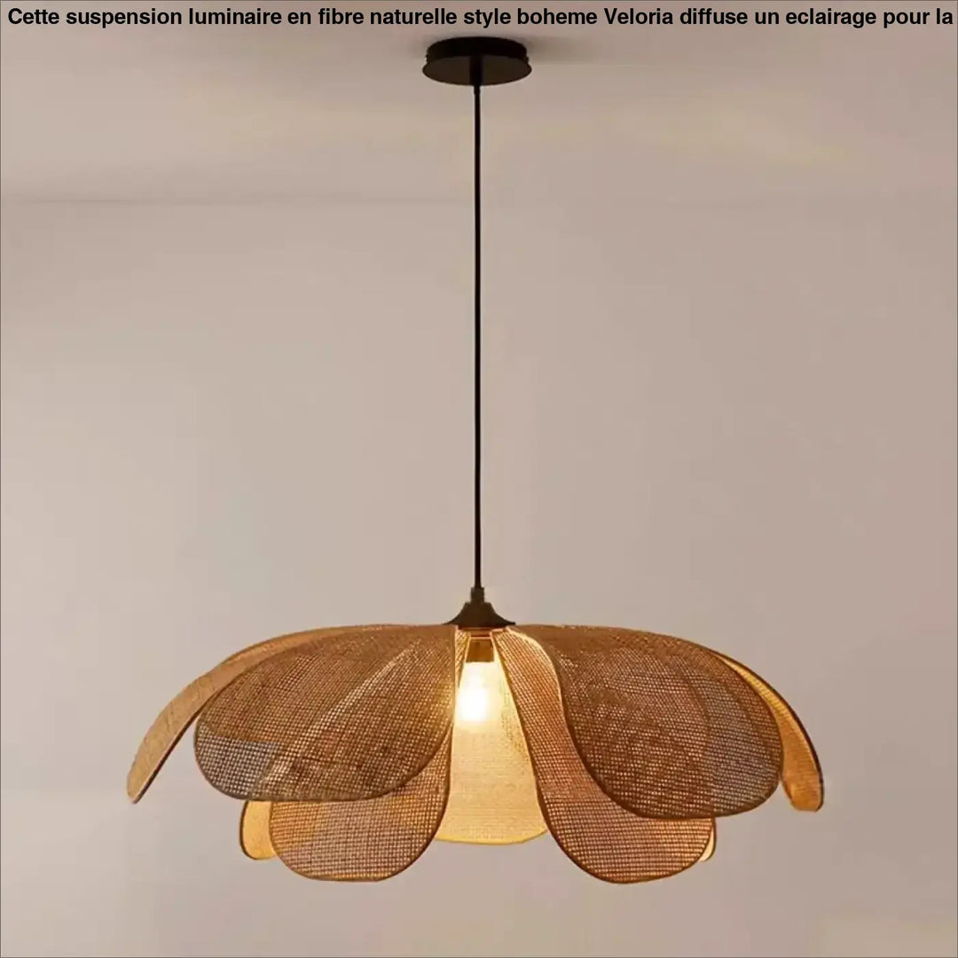 Suspension luminaire en fibre naturelle style boheme en rotin tissé chaud avec design floral et ferrures noires