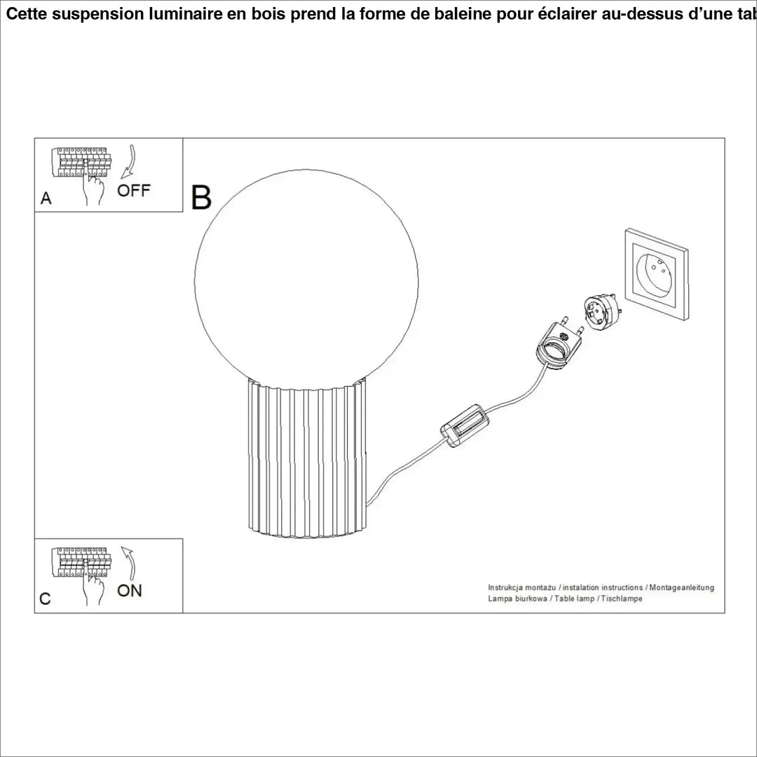 Lampe a poser halo peach lampe blanche sphérique avec base cylindrique cannelée et cordon d alimentation avec interrupteur