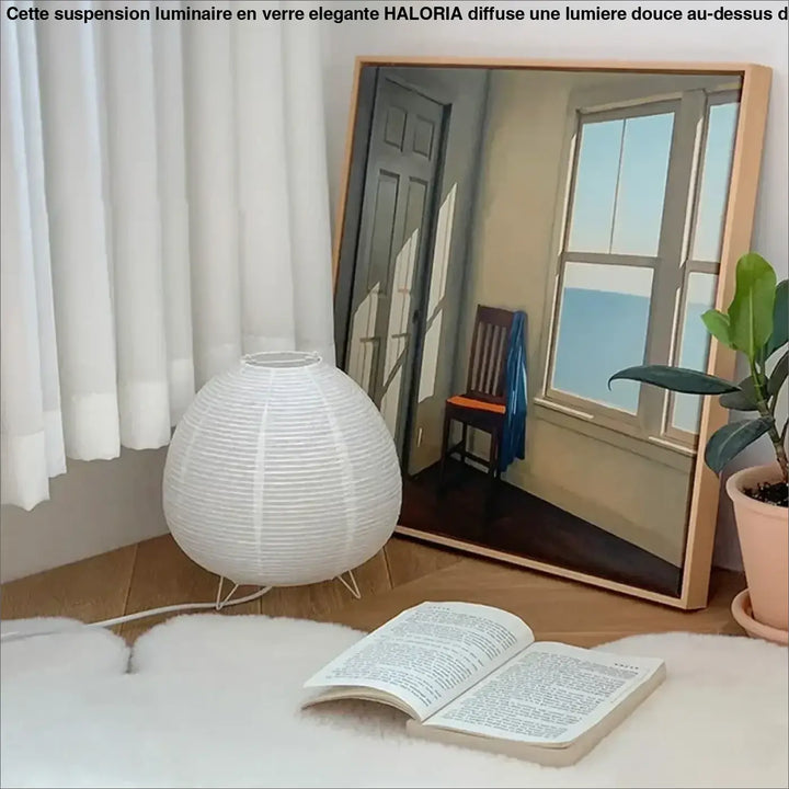 Lampe de chevet japonaise en papier blanc avec design minimaliste sphérique à lumière douce et pieds métalliques fins