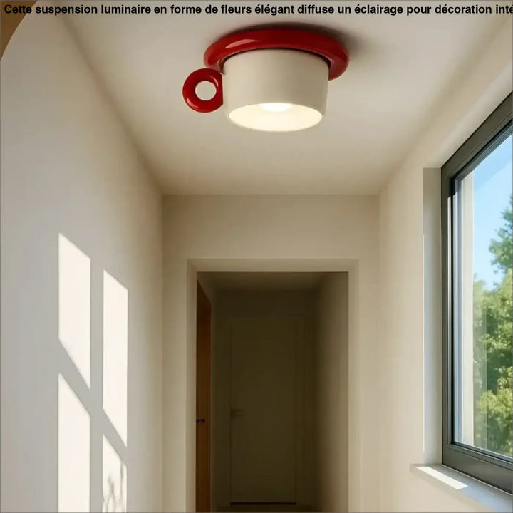 Luminaire plafonnier style rétro en céramique rouge et blanche en forme de tasse à café pour éclairage intérieur