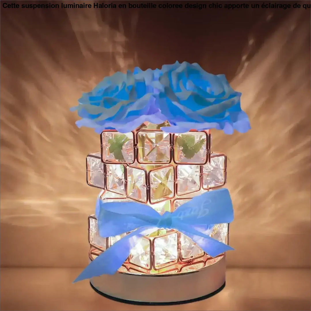 Lampe de chevet cryrosia à lumière douce avec design floral, cubes illuminés et accents rose gold, décorée d’un nœud satin bleu