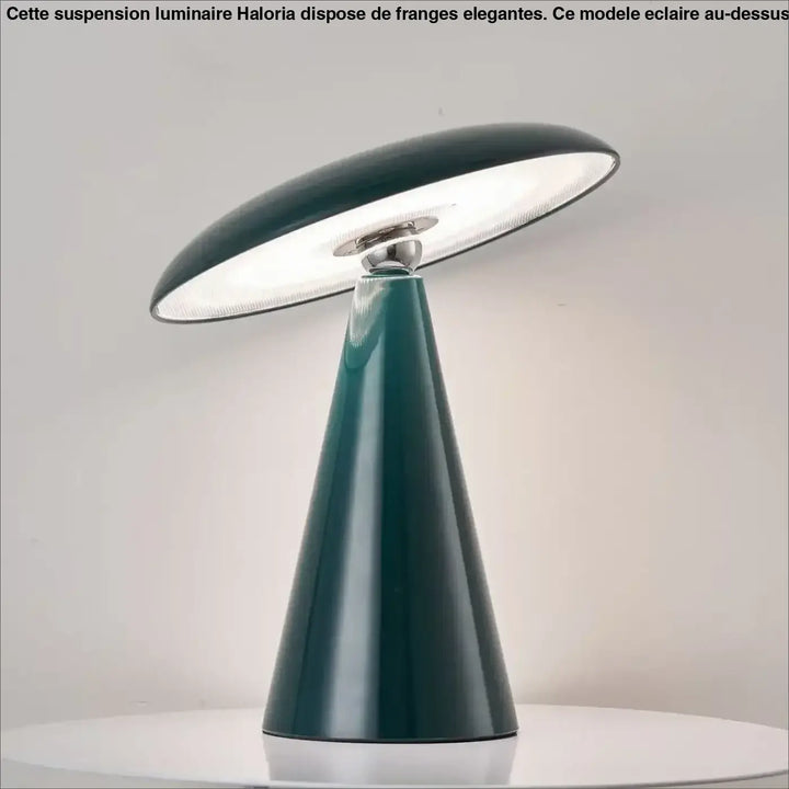 Lampe de table moderna teal avec finition glossy et abat-jour en verre dépoli circulaire champignon à l’allure vintage