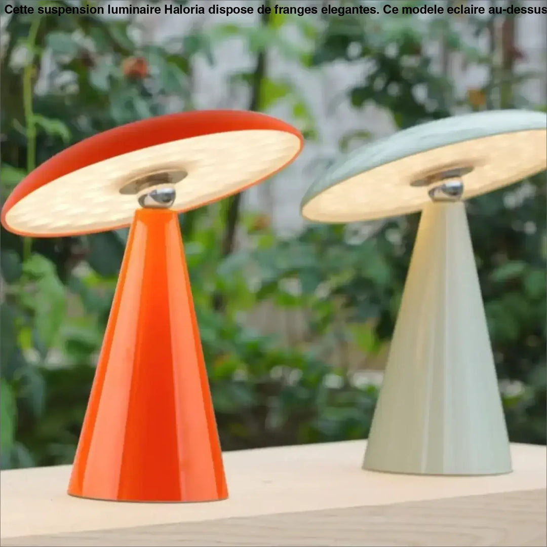 Lampe de table vita avec champignon à l’allure vintage orange et vert pâle aux bases coniques brillantes et abat-jour translucide