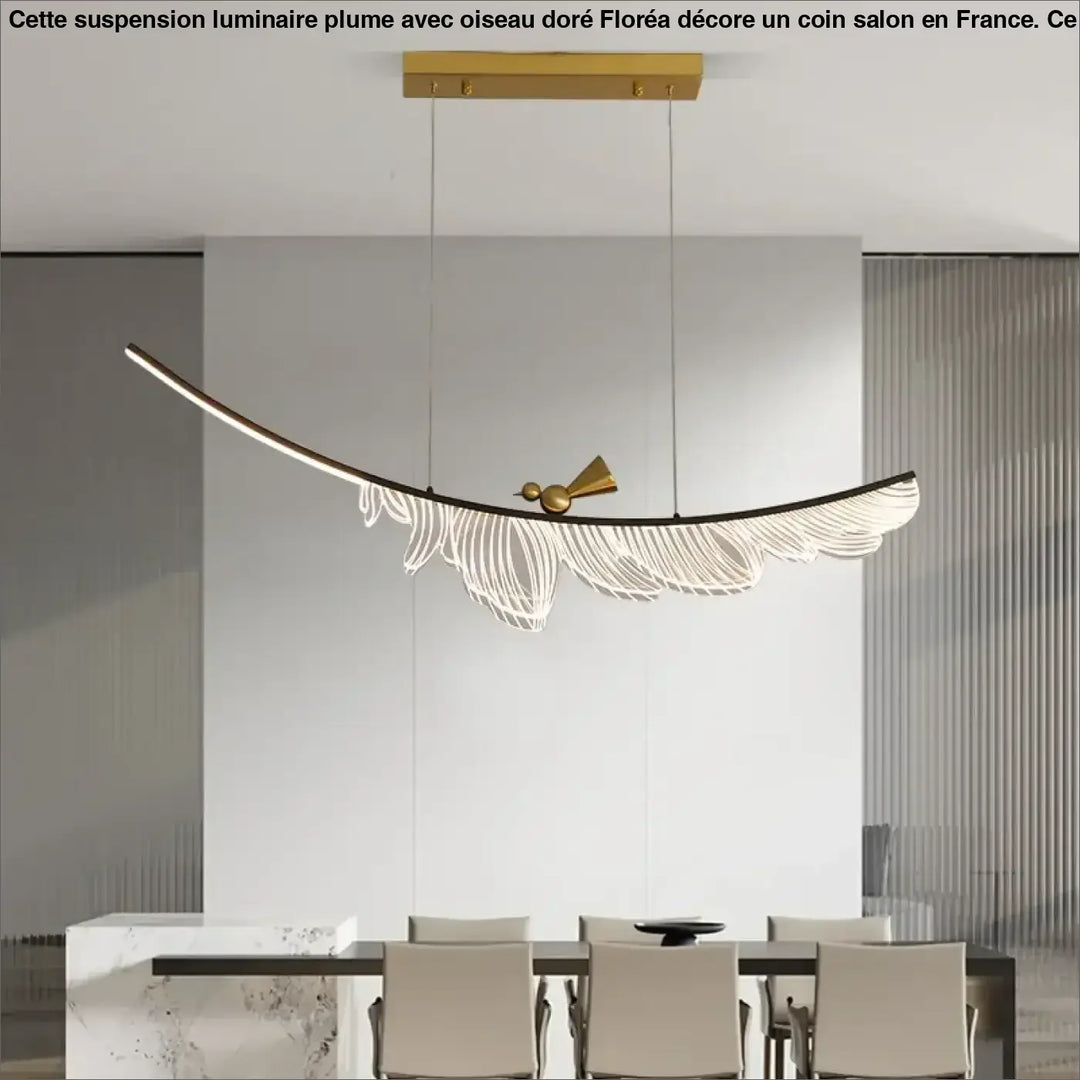 Suspension Luminaire En Forme De Plume Avec Un Oiseau Doré Élégant