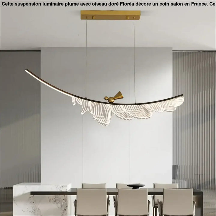 Suspension Luminaire En Forme De Plume Avec Un Oiseau Doré Élégant