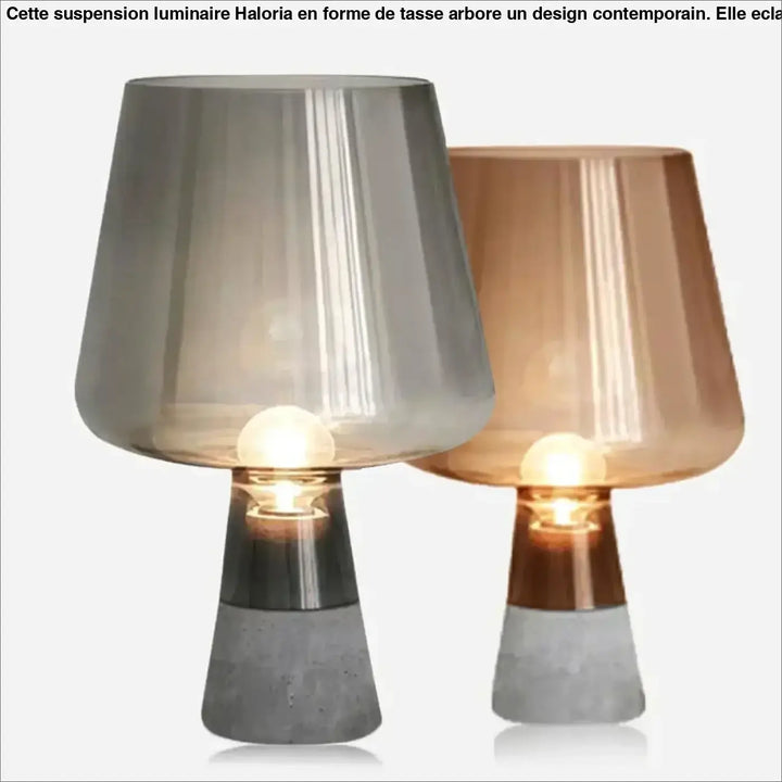 Lampe de chevet moderne avec verre fumé et pied effet béton en ton cuivre sur base effet béton texturé