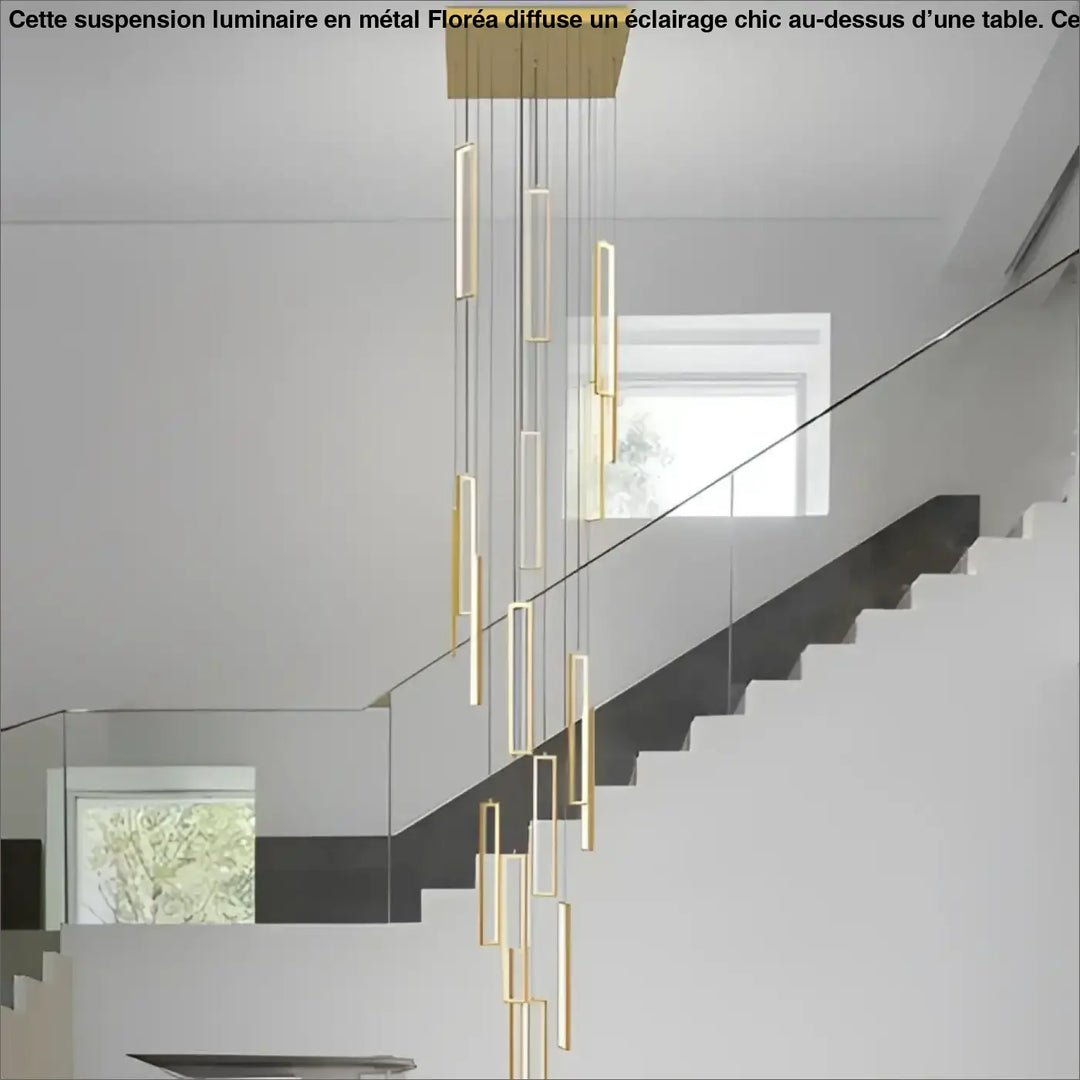 Suspension luminaire vertix en ton or avec tiges cylindriques modernes émettant une source de lumière blanc chaud et blanc froid
