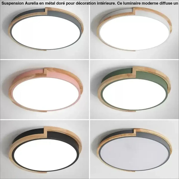Suspension luminaire au style moderne aurelia en métal doré avec cadre en bois naturel pour éclairer au-dessus d’une table ou d’un coin salon