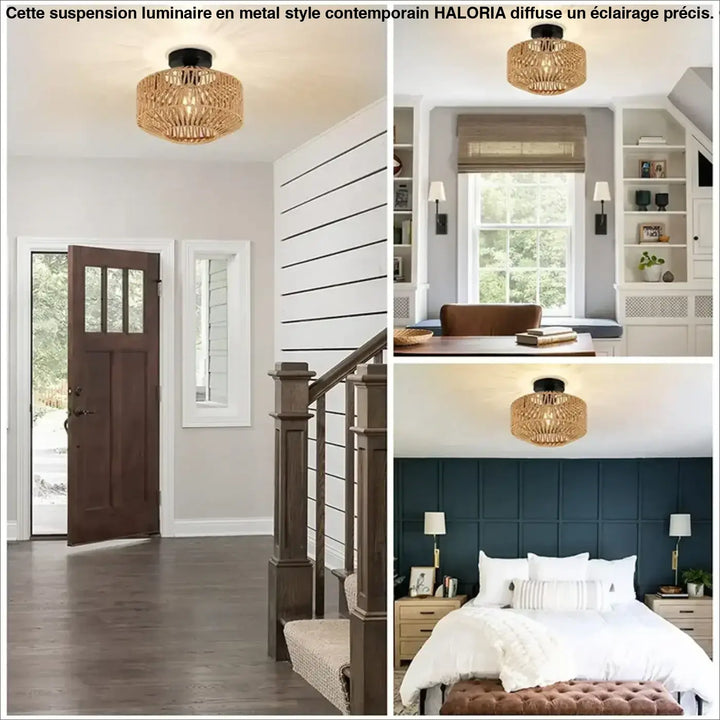 Luminaire plafonnier en rotin tressé beige au style naturel