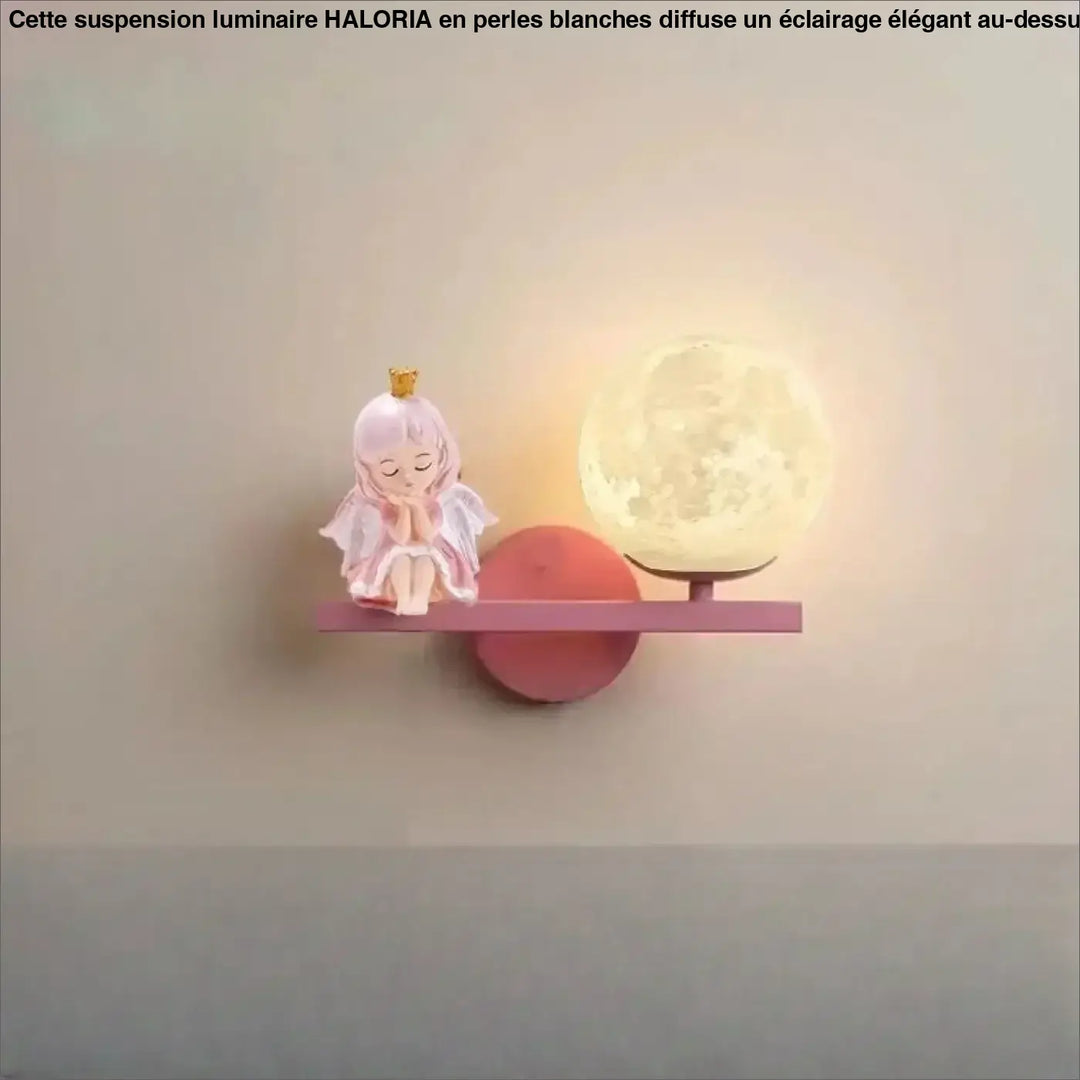 Applique murale enfantine alora rose avec lune lumineuse et petit ange en figurine décorative pour chambre denfant