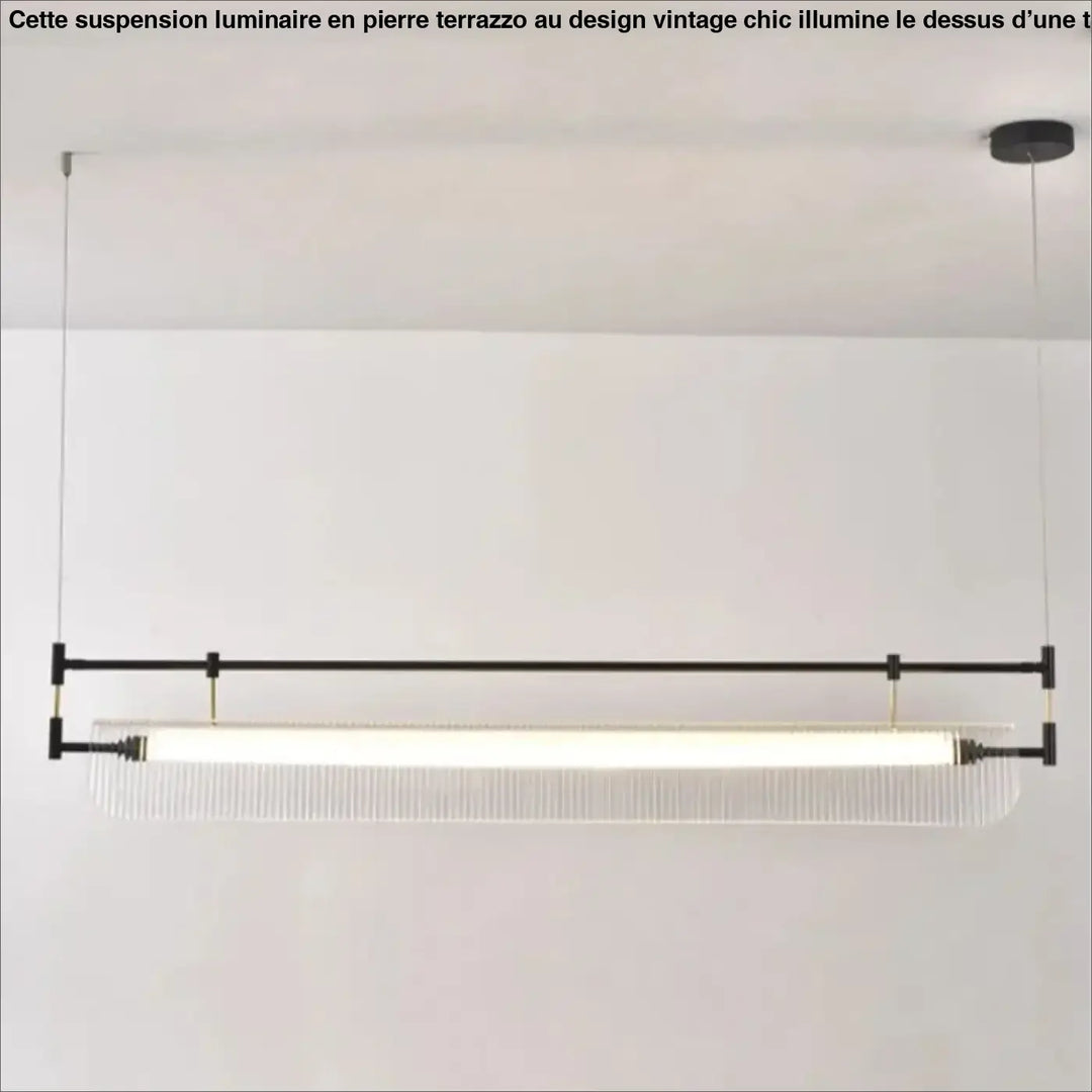 Suspension luminaire flotys en métal noir moderne avec diffuseur en verre dépoli et tube lumineux à ridges verticales style aérien