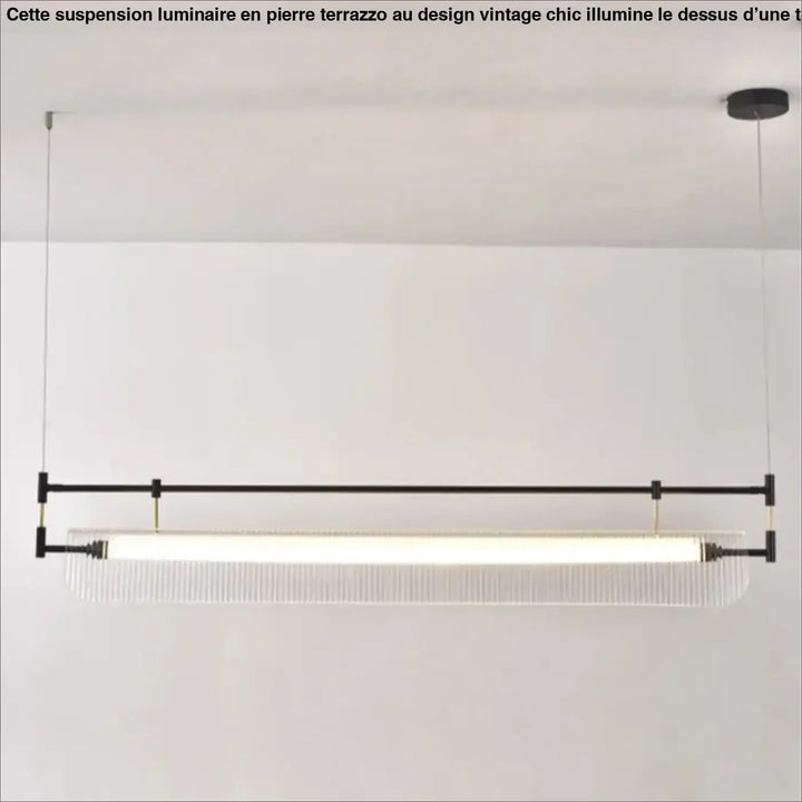 Suspension luminaire flotys en métal noir moderne avec diffuseur en verre dépoli et tube lumineux à ridges verticales style aérien