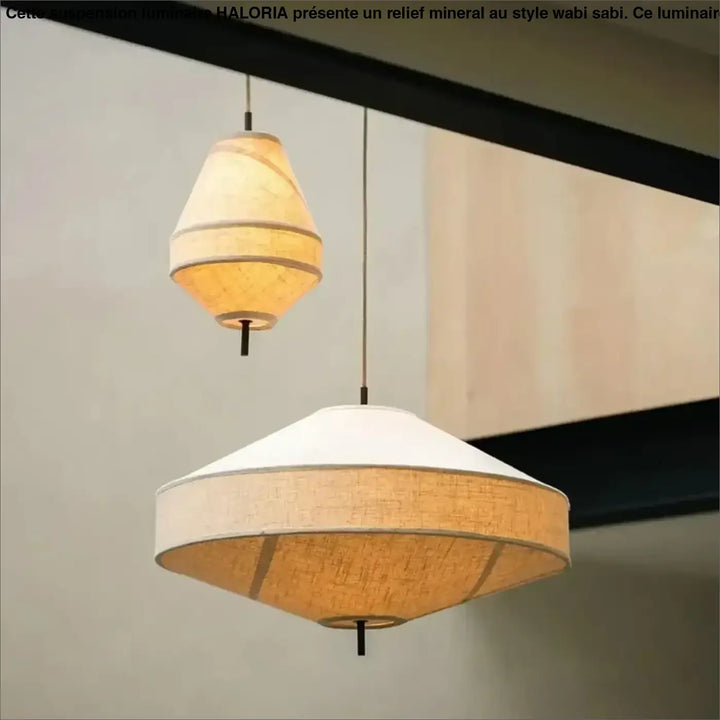 Suspension luminaire kosy avec deux abat-jours coniques et en dôme en lin naturel beige minimaliste japandi
