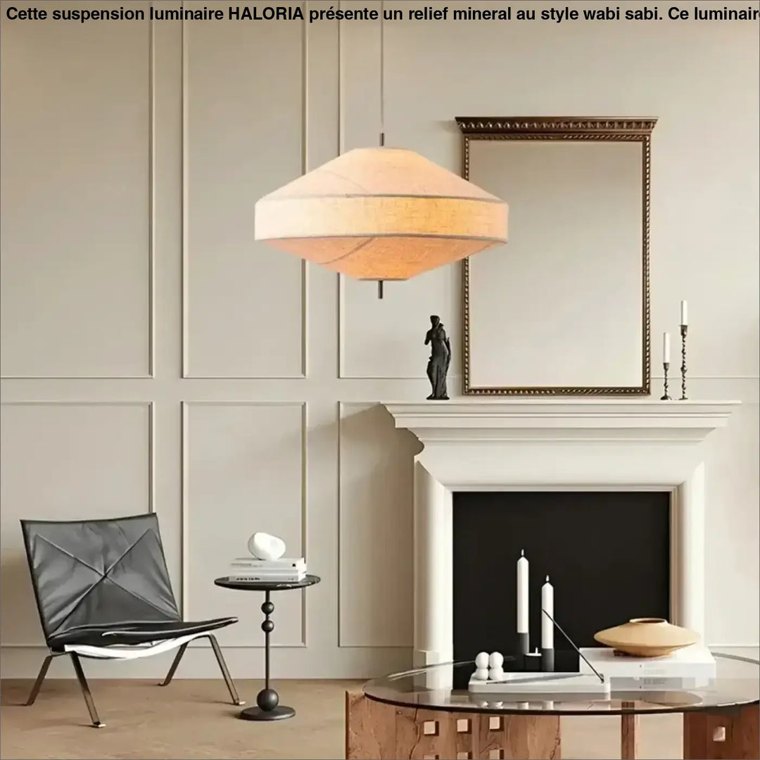 Suspension luminaire kosy en lin naturel beige avec design géométrique et étagé style japandi suspendue au plafond