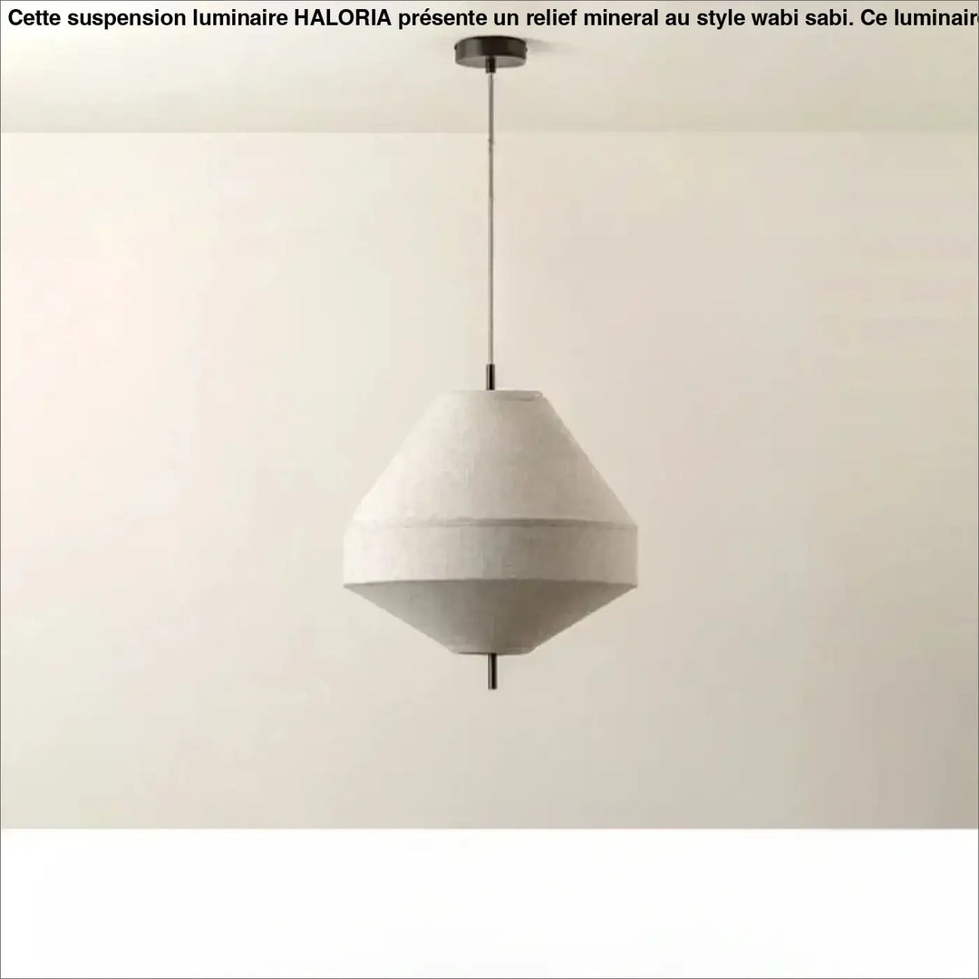Suspension luminaire kosy avec abat-jour géométrique en lin naturel texturé blanc cassé suspendu par chaîne noire fine