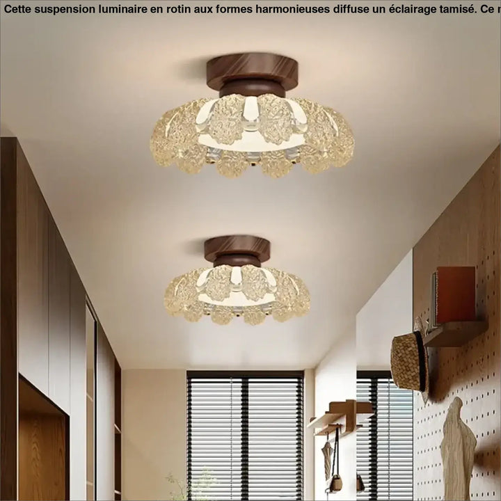 Luminaire plafonnier moderne en forme de fleur cristalline avec base en bois foncé ecclésia