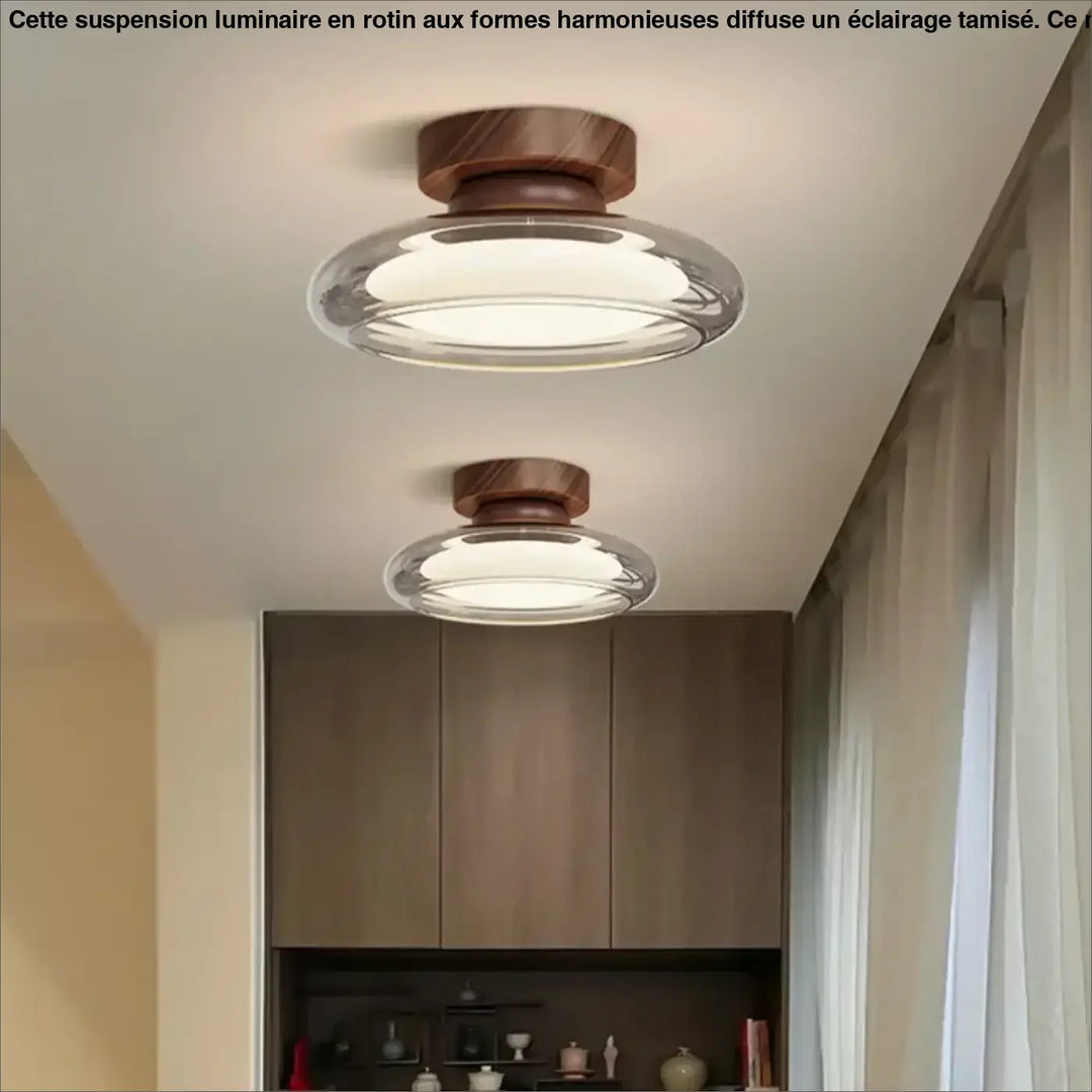 Luminaire plafonnier moderne avec dôme en verre clair et base circulaire en bois ton chaud ecclésia