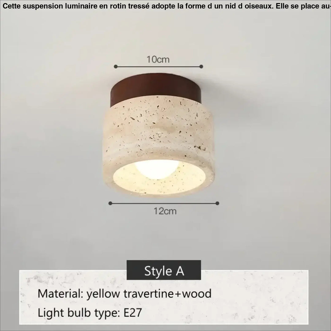 Suspension luminaire nid d oiseaux en travertin jaune texturé et bois avec base e27 idéal au-dessus d’une table