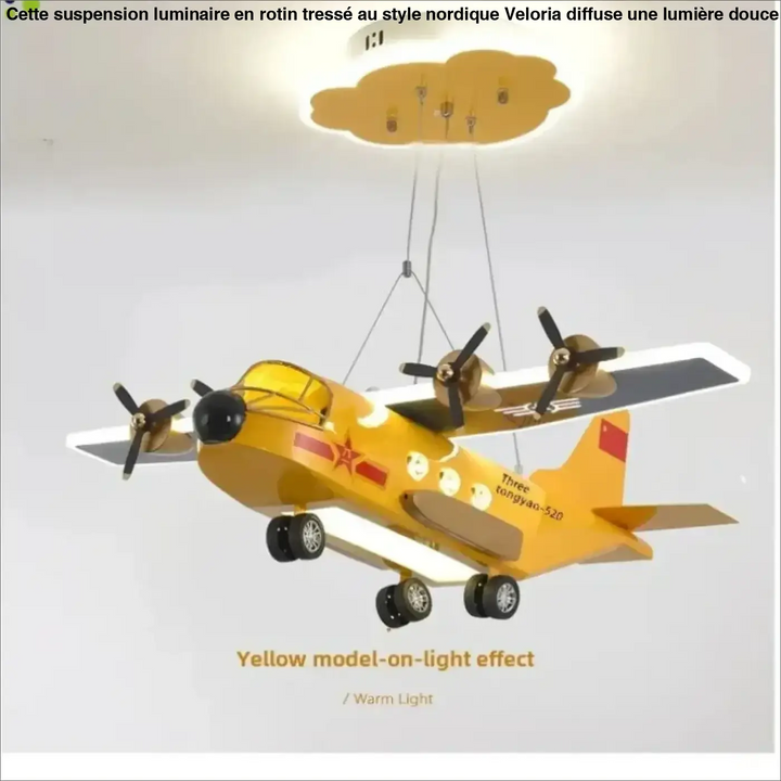 Suspension avion enfant design ailes lumineuses gris jaune