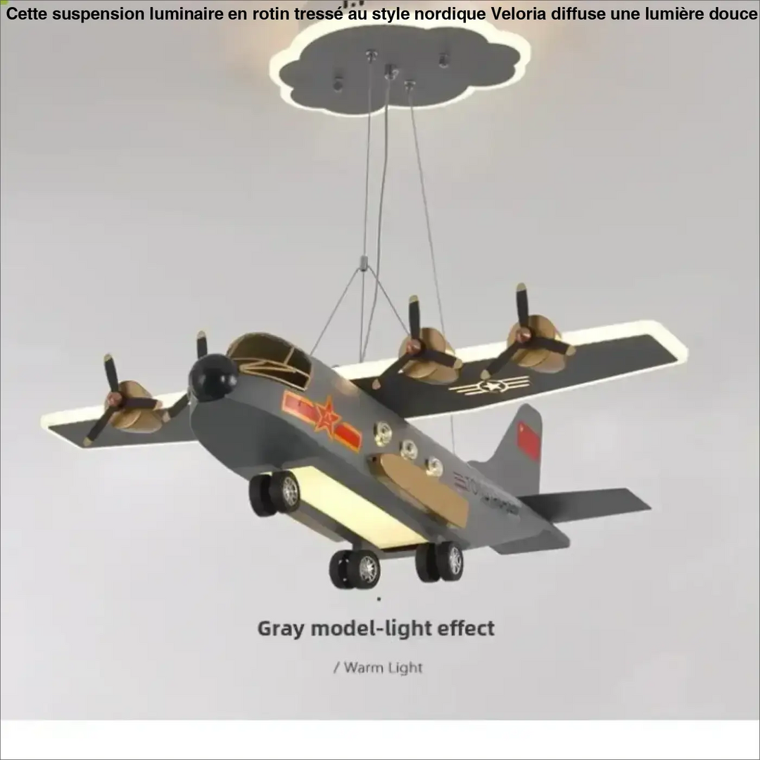Suspension avion enfant design ailes lumineuses gris jaune