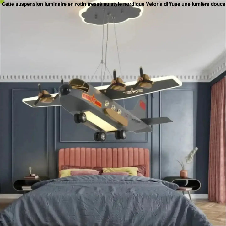 Suspension avion enfant design ailes lumineuses gris jaune