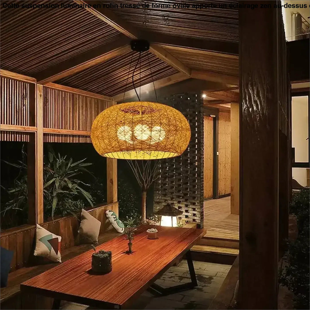 Suspension Luminaire en rotin tressé en forme ovale et zen

