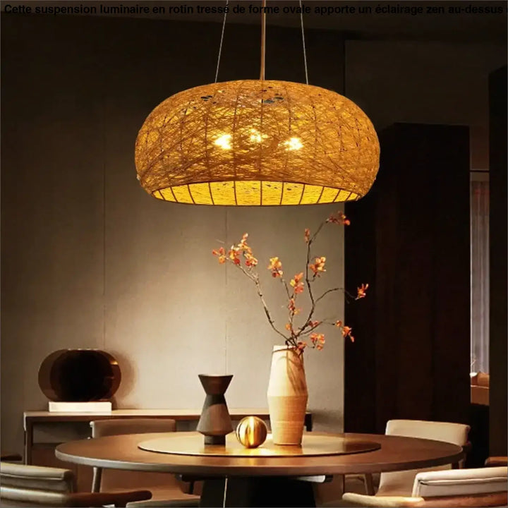 Suspension Luminaire en rotin tressé en forme ovale et zen

