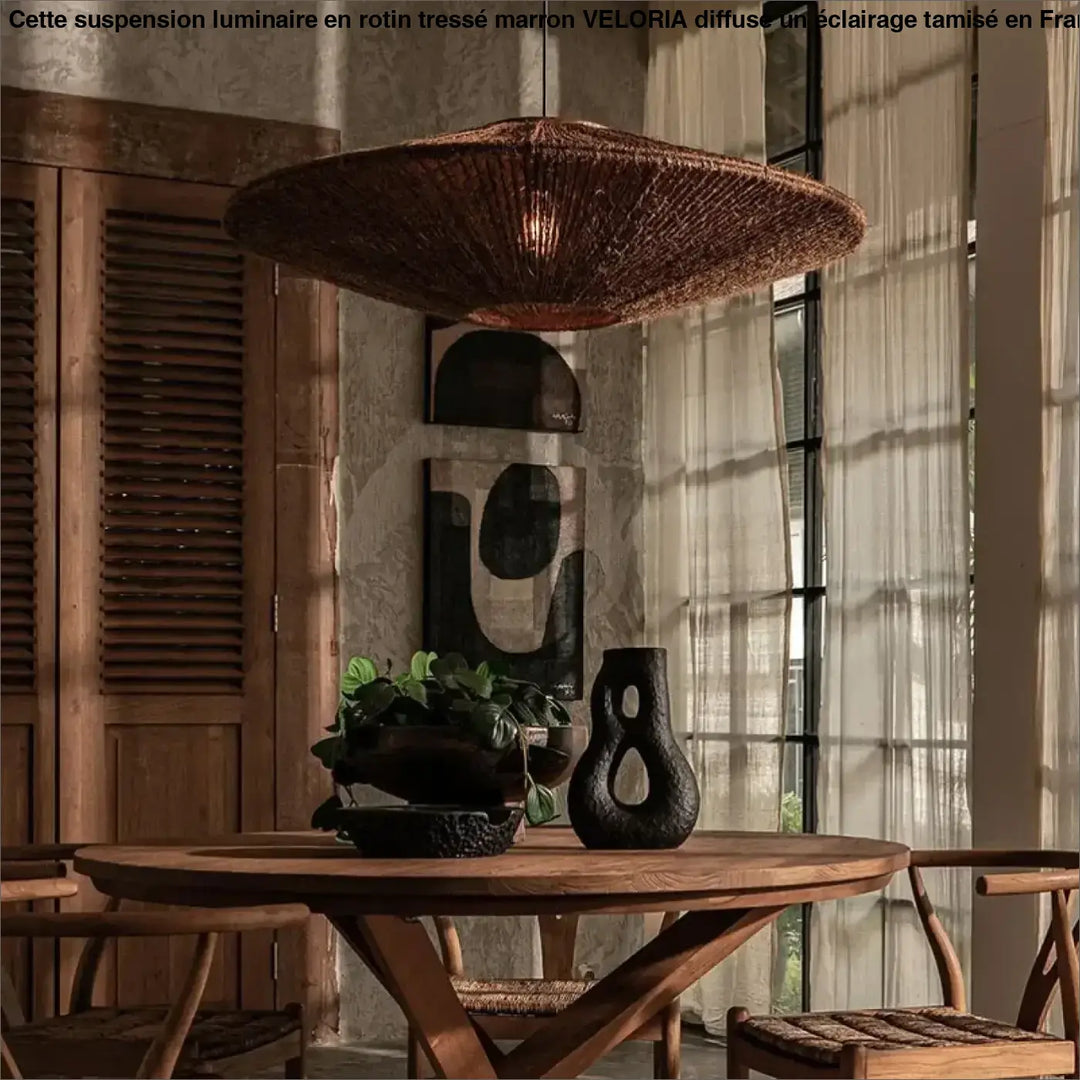 Suspension luminaire en rotin tréssé marron haut de gamme

