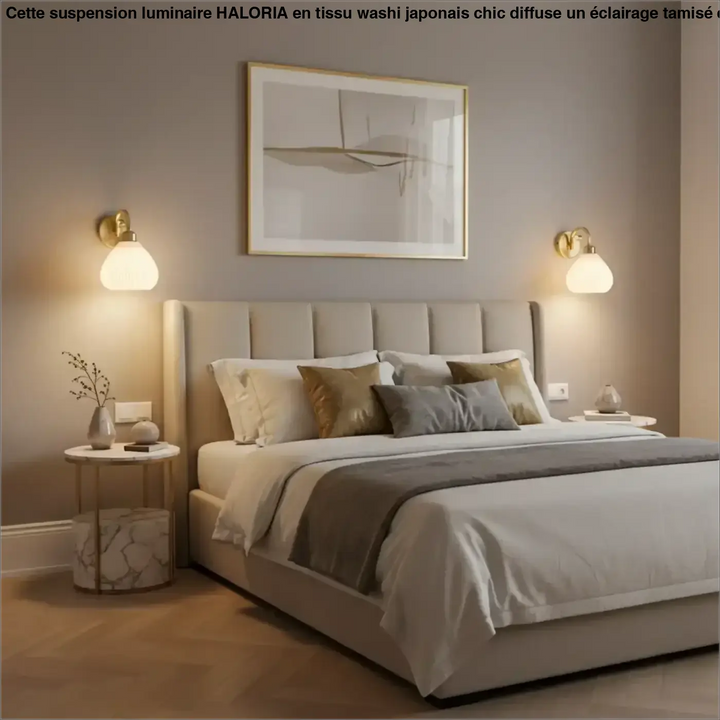 Applique murale jade vintage beige avec tête de lit capitonnée et literie superposée tons neutres murale vintage