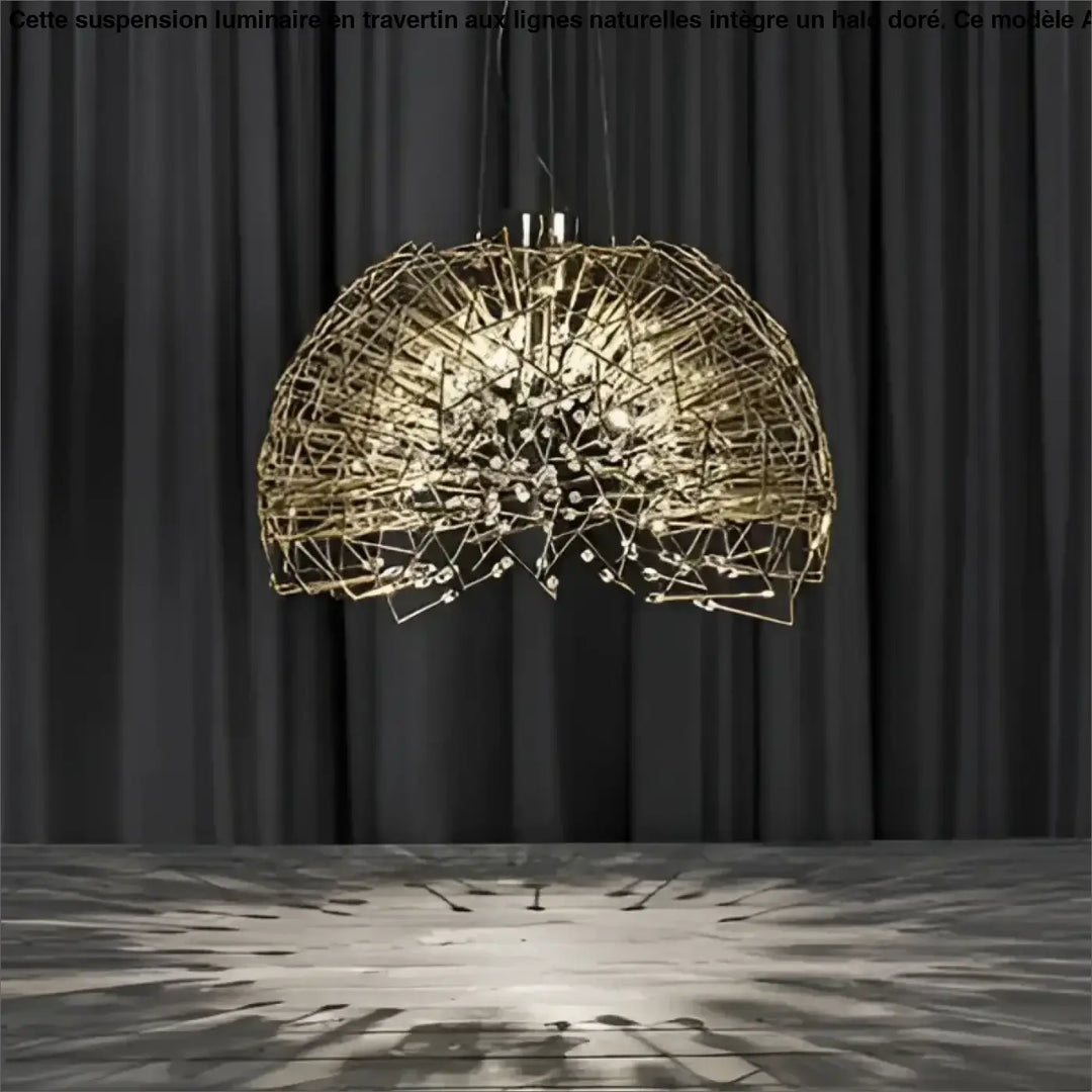 Suspension luminaire texia dorée en fil métallique avec design sphérique complexe et accents en cristal intégrés