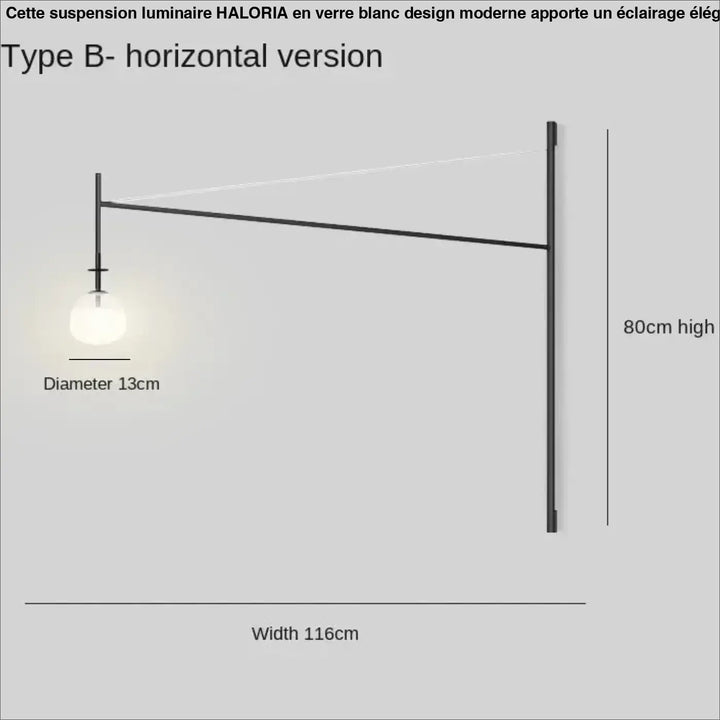 Luminaire suspension en verre blanc design moderne avec lampe murale noire bras horizontal et ampoule sphérique