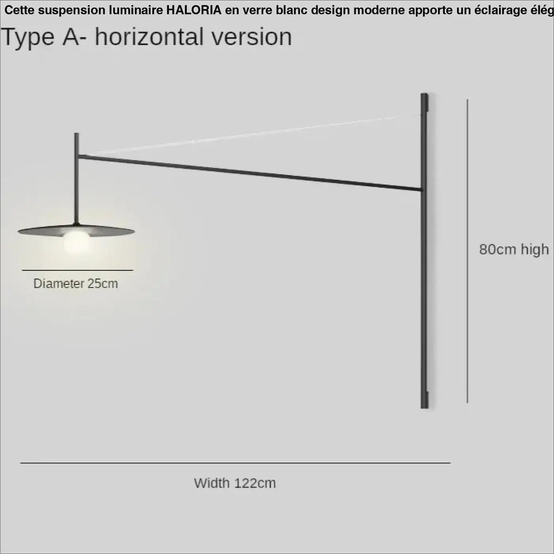 Suspension luminaire en verre blanc design moderne avec lampe murale noire mate à bras horizontal et abat-jour circulaire