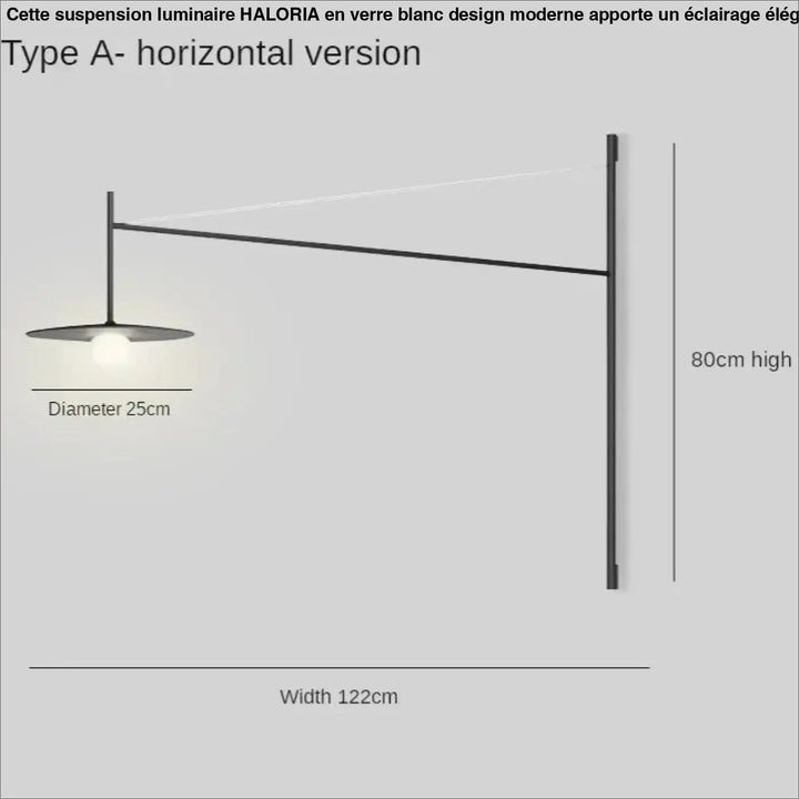 Suspension luminaire en verre blanc design moderne avec lampe murale noire mate à bras horizontal et abat-jour circulaire