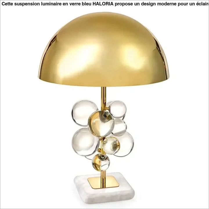 Lampe de table opaly avec dôme doré, bulles en verre transparent et base en marbre blanc pour décoration intérieure contemporaine